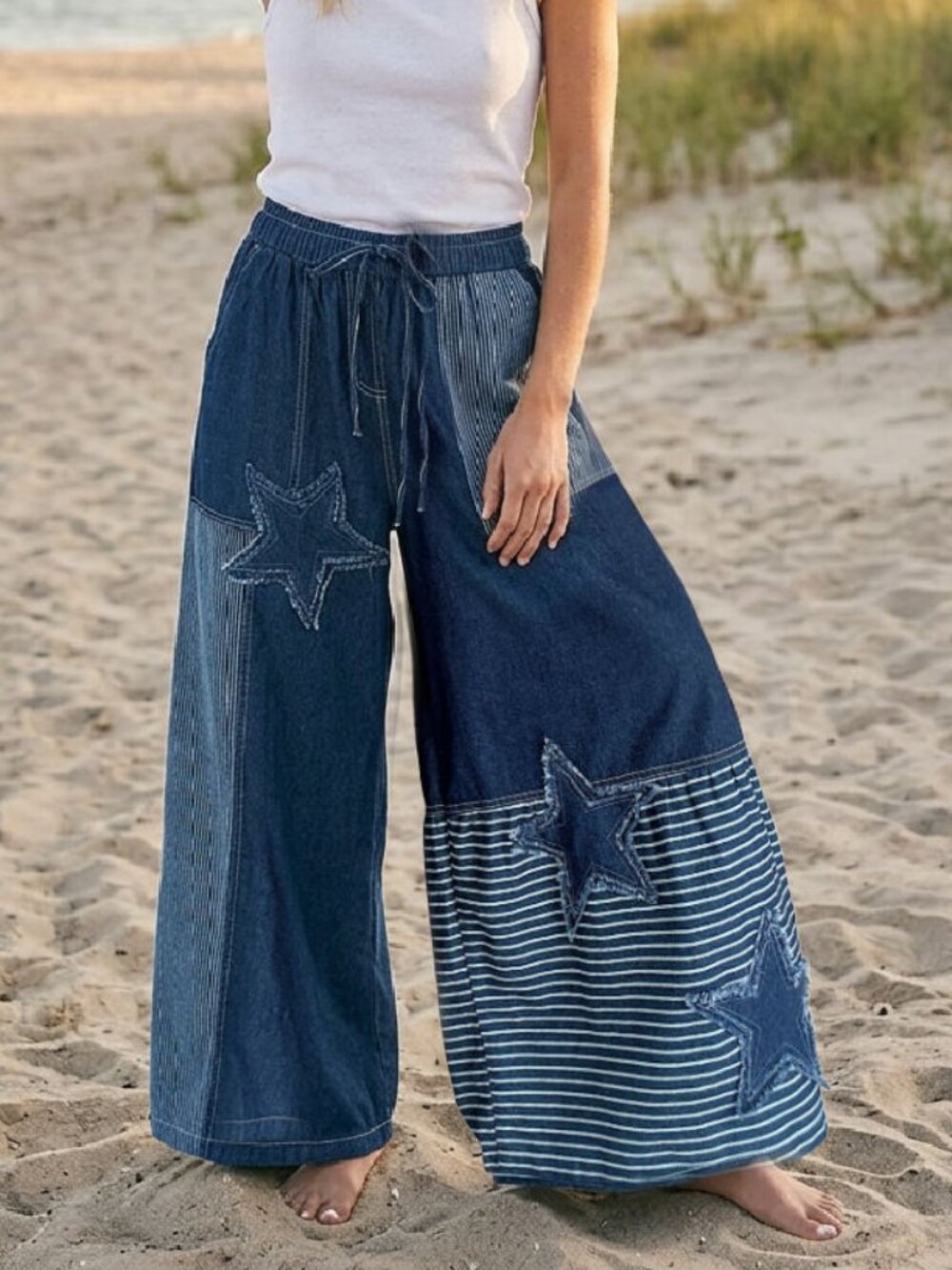 Mello Denim Wide Leg Pants / Jeans With Frayed Star Patch